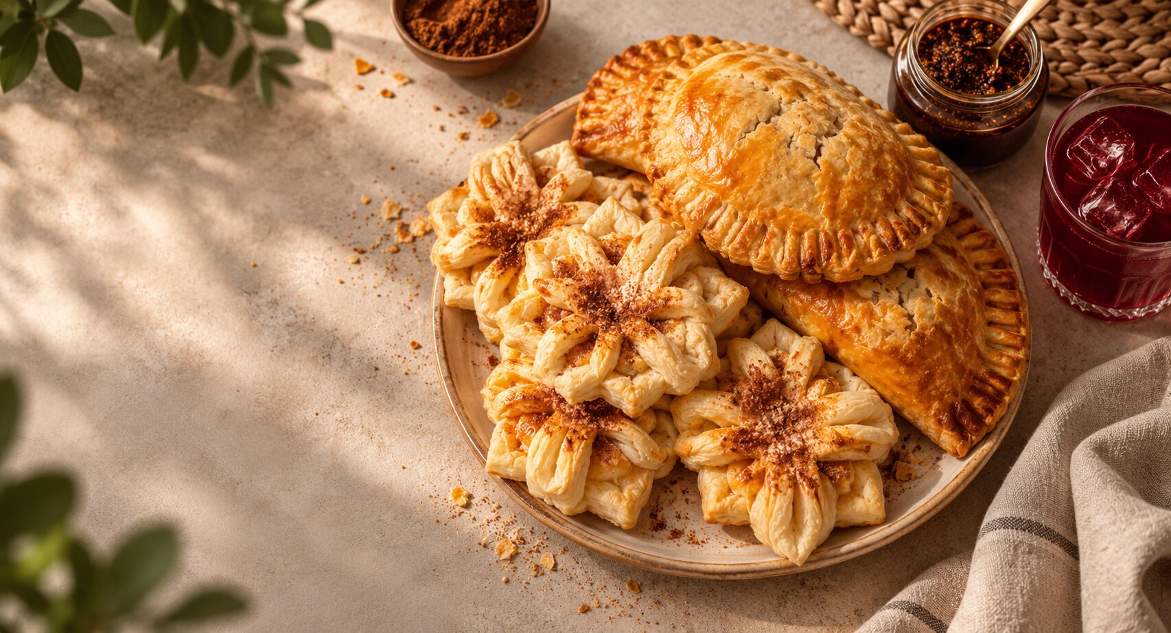 Golden hand pies and star pastries served with shito on a sunlit table